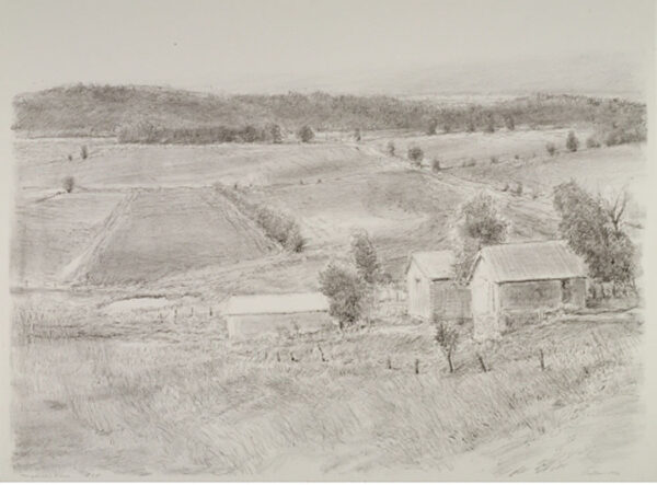 Robert Sudlow - Tonganoxie Farm, 1991 Medium: Lithograph Edition: 20 Papers: Rives BFK, White Paper Size: 33 1/2" x 25" Image Size: 24 1/4 x 32 1/2 (irregular)