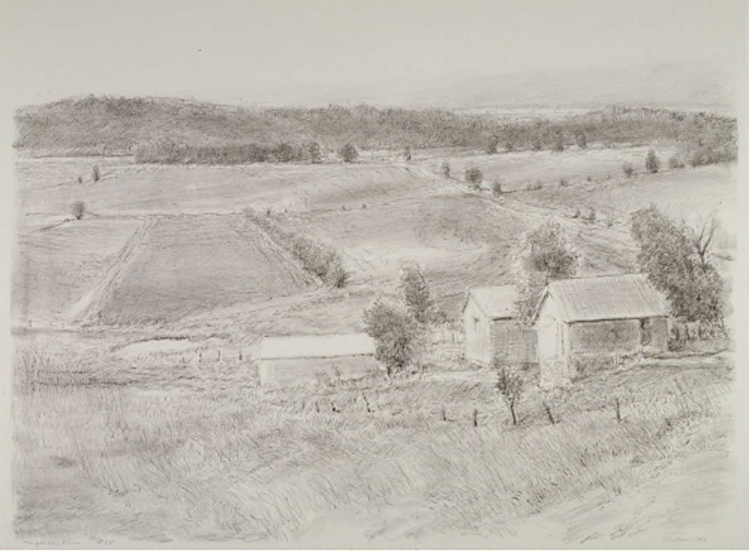 Robert Sudlow - Tonganoxie Farm, 1991 Medium: Lithograph Edition: 20 Papers: Rives BFK, White Paper Size: 33 1/2" x 25" Image Size: 24 1/4 x 32 1/2 (irregular)