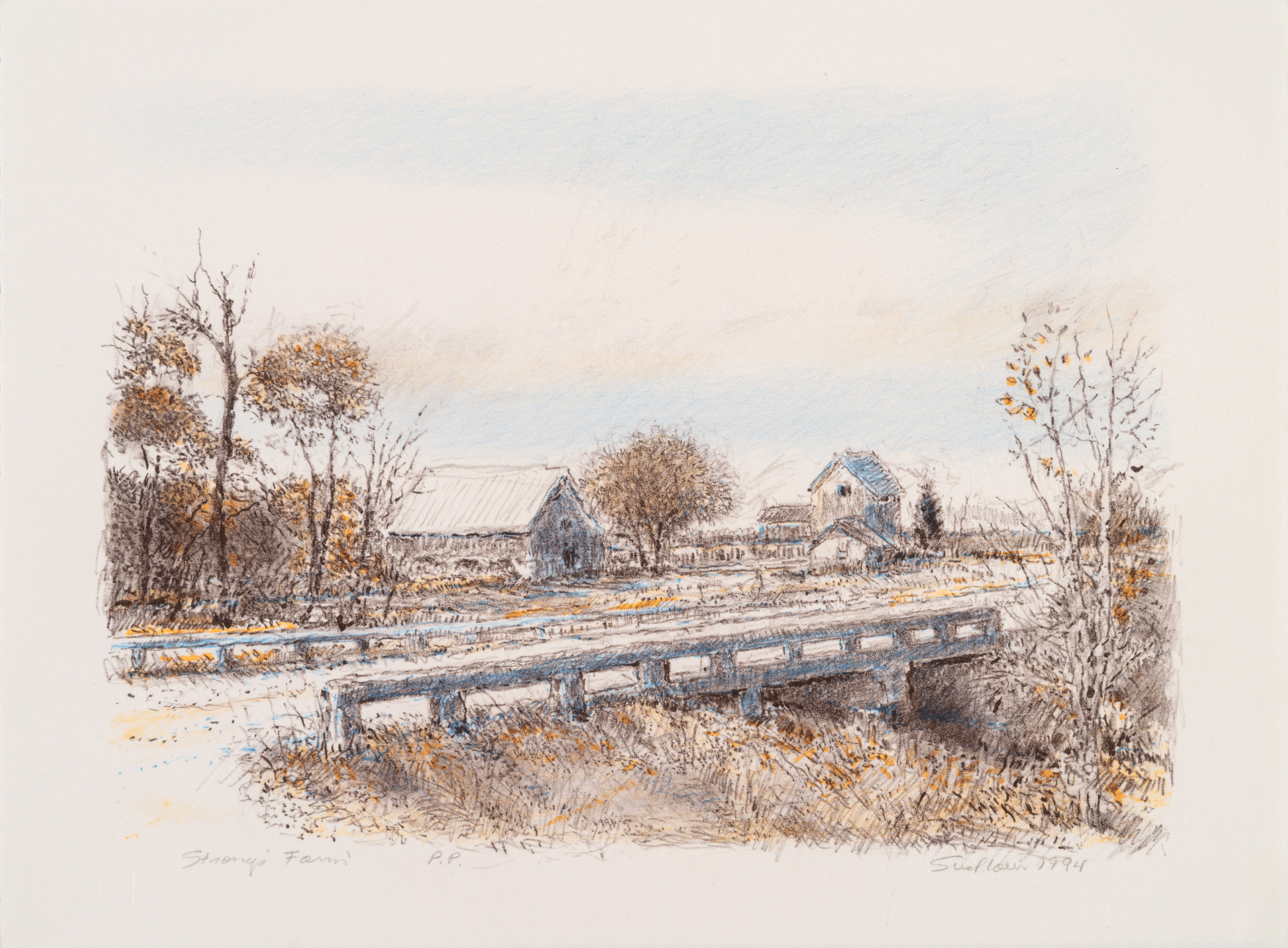 Robert Sudlow - Strong’s Farm, 1994 Medium: Lithograph Edition: 100 Paper: Rives BFK, White Paper Size: 11” x 15” Image Size: 9” x 12.5” (irregular)