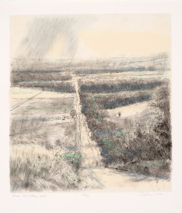Robert Sudlow - From Markley’s Hill, 1995 Medium: 4 Color Lithograph with chine collé Edition: 40 Papers: Arches Cover, White with Sekishu chine collé Paper Size: 17.5″ x 15″ Image Size: 14.5″ x 13″