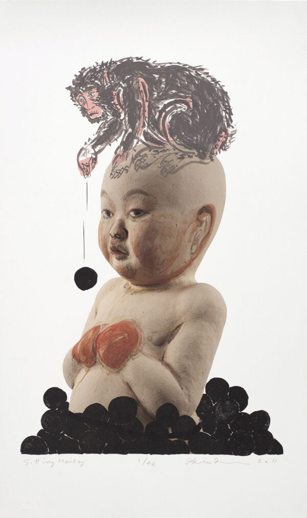 Akio Takamori - Sitting Monkey, 2011 Medium: Lithograph and Archival Pigment Print Edition: 42 Paper: Somerset Velvet Enhanced Paper Size: 22.25″ x 13.25″ Image Size: 17″ x 11.25″ (irregular)