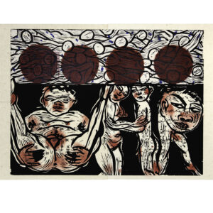 Akio Takamori - WAR, 2013 Medium: Lithograph & Woodblock with Chine Collé Edition: 36 Base Paper: Rives BFK, White Chine Collé Paper: Unknown “Japanese” paper from antique book of chants/songs from Japanese “Noh” plays Base Paper Size: 17.5″ x 22.5″ Chine Collé Paper Size: 12.75” x 18.25” (made of 2 pages measuring 12.75” x 9.062” each) Woodblock Size: 15.875” x 11.937”