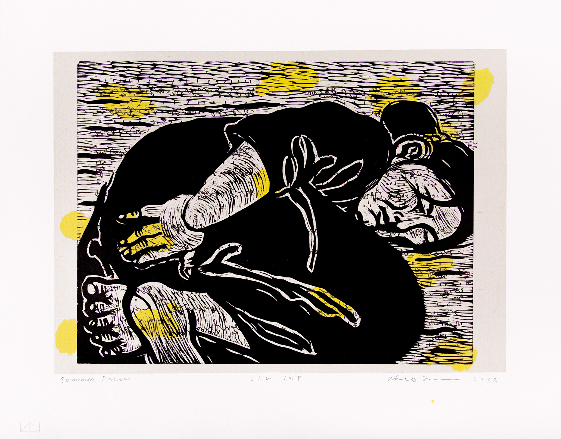 Akio Takamori - Summer Dream, 2012 Medium: Lithograph & Woodblock with Chine Collé Edition: 28 Base Paper: Rives BFK, White Chine Collé Paper: Unknown “Japanese” paper from antique book of chants/songs from Japanese “Noh” plays Base Paper Size: 17.5″ x 22.5″ Chine Collé Paper Size: 12.75” x 18.25” (made of 2 pages measuring 12.75” x 9.062” each) Woodblock Size: 15.875” x 11.937”