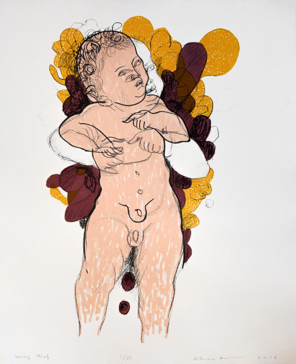 Akio Takamori - Honey Thief, 2016 Medium: 5 Color Lithograph Edition: 27 Paper: Handmade HMP Waterleaf Paper Size: 24.5″ x 20.5″ (irregular) Image Size: 21.75″ x 13″ (irregular)