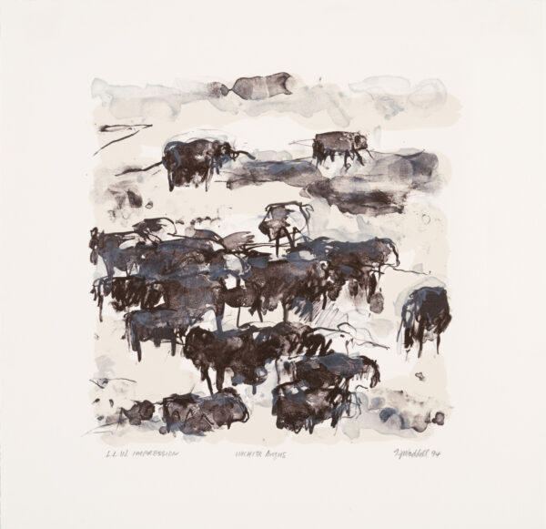 Theodore Waddell - Wichita Angus, 1994 Medium: 3 Color Lithograph Edition: 58 Paper: Rives BFK, White Paper Size: 15″ x 15.5″ Image Size: 10.5″ x 10.5″