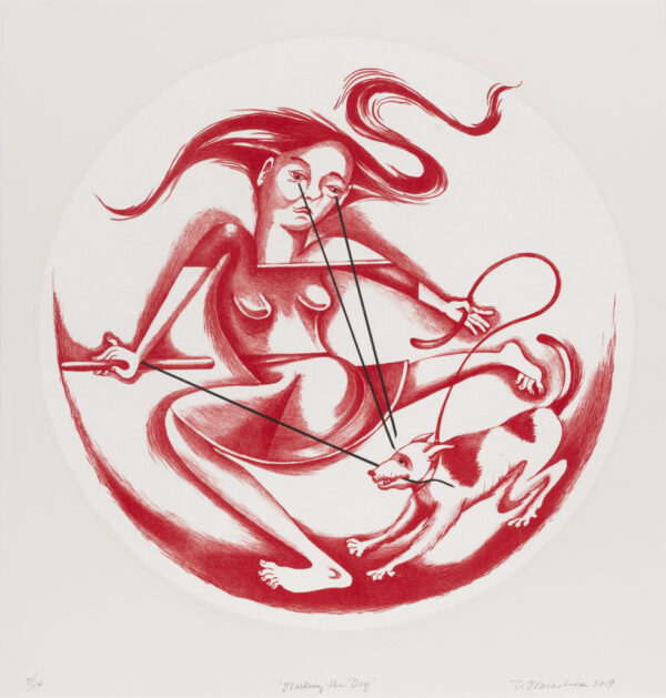 Patti Warashina - Walking the Dog, 2017 Medium: 3 Color Lithograph with chine collé Edition: 14 Papers: Rives BFK, White & Mulberry Paper Size: 23.5″ x 22.25″ Image Size: 19″ diameter (circle)