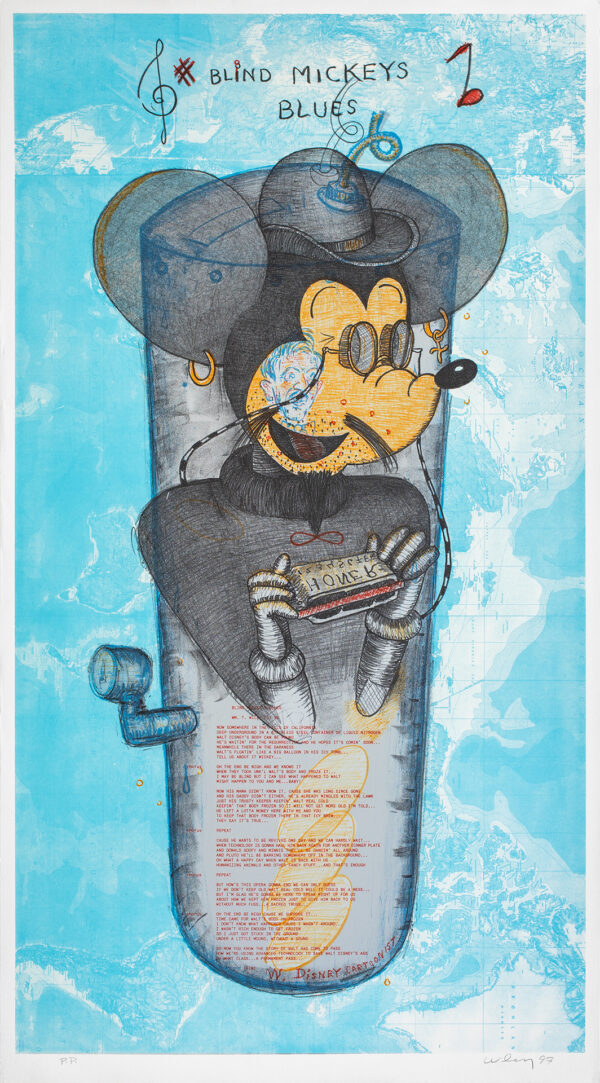 William T. Wiley - Blind Mickey’s Blues, 1997 Medium: 7 Color Lithograph Edition: 40 Paper: Somerset, Soft White Paper Size: 36.75″ x 20.25″ Image Size: 35.25″ x 19.25″