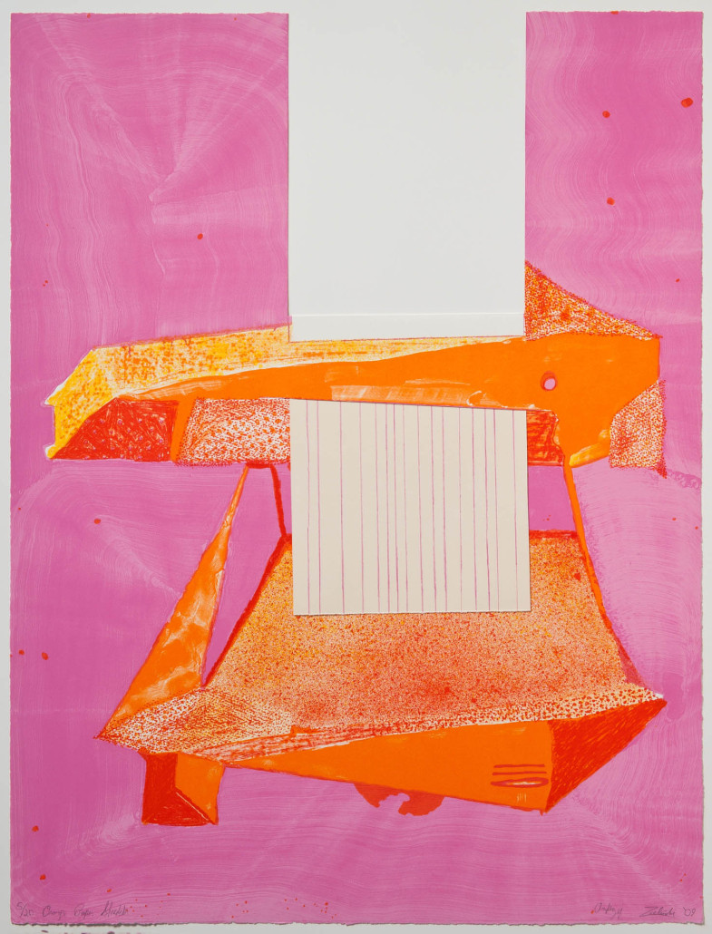 Andrzej Zieliński - Orange Paper Shredder, 2009 Medium: 7 Color Lithograph Edition: 20 Paper: Rives BFK Paper Size: 28.75″ x 21.75″ Image Size: Same
