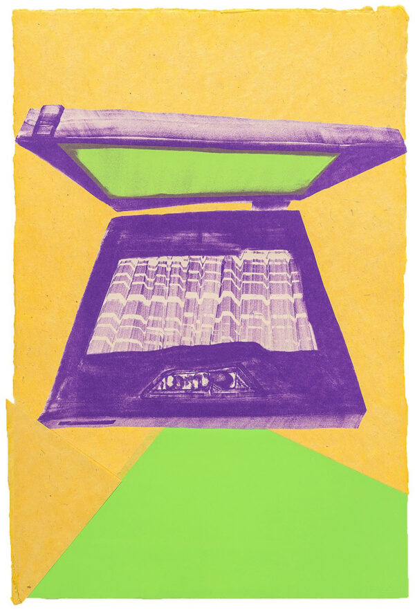 Andrzej Zieliński - Purple Laptop, 2016 Medium: Color Lithograph/Collage Edition: 7 Papers: Okawara, Indian handmade cloth fiber paper, Rives BFK Paper Size: 30″ x 20″ (irregular) Image Size: Same